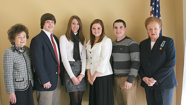 The Oliver Wiley Chapter DAR honored its Good Citizen Award winners at its Wednesday meeting. From left, Ann Williams, Chapter education chair; Ethan Shirah, Pike County High School; Emily Ward, Pike Liberal Arts School; Erin Jordan, Charles Henderson High School; Clifton Lusk, Goshen High School; and Mary Lynn Long, Chapter president.