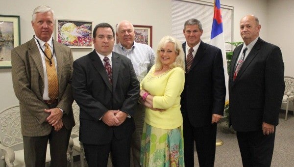 Goshen officials were sworn in during a ceremony Monday afternoon. Pictured from left are Carter Sanders, Darren Jordan, Malon Johnson, Jane Hughes, Mayor Jack Waller and William McMaster.