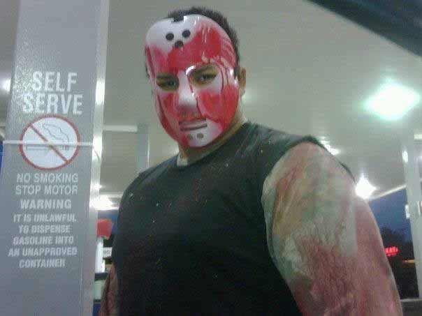 Usually one of the good guys, Troy Police Officer Patrick Hamilton dressed as an ultimate bad guy, Jason Vorhees.