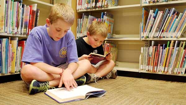 Hunter Coppage, 10, and Kelton Coppage, 8, read inside the Troy Public Library Children’s Library castle Friday afternoon. 