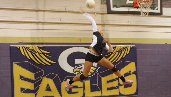 Goshen's Katie Thomas leaps on a serve attempt during Thursday's contest with Charles Henderson (Photo/Ryan McCollough)