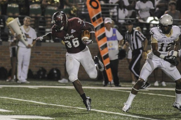 TROY RB Jordan Chunn scores the touchdown that allowed the Trojans to tie with the UAB Blazers Saturday night at Veterans Memorial Stadium. (Photo by Joey Meredith)