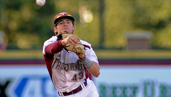 Troy's Tyler Vaughn (43) fields the ball during an NCAA college baseball game against Florida State. 