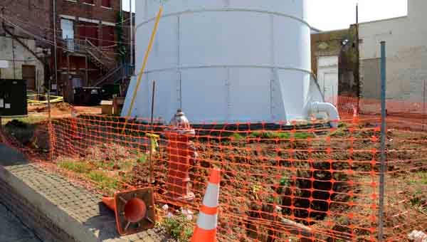 The Walnut Street water tower will get a cleaning, sandblast and a fresh coat of paint sometime in June. MESSENGER PHOTO/MONA MOORE