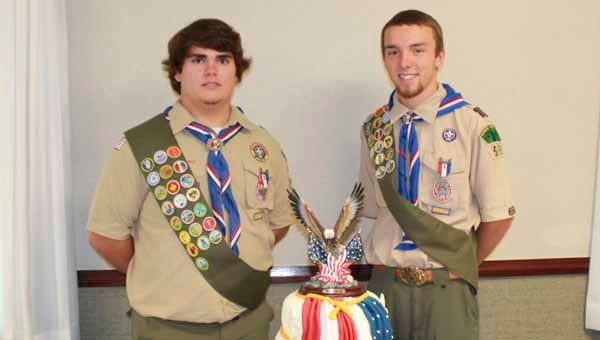 Trace Jackson, left, and Max Kersey, right, were honored Saturday for earning the rank of Eagle Scout.