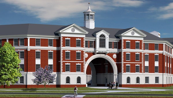 Submitted Illustration Above is an artist’s rendering of the completed residence hall where Alumni Hall formerly was located. 