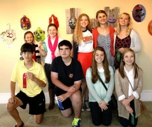 The winners in the Face Jug Fright Arts Awards were invited to attend the Dr. Robert Gilliam’s Artist’s Talk at the Johnson Center for the Arts Wednesday. Pictured front, from left, Holt Steed, Brandon McCain and Ava Smolcic. Back, Hanna Broaderway, Gracie Sneed, Alex McLendon, Lizzie Orlofsky and Kelsey Foster. The student’s artwork is on exhibit in the Tile Gallery at the Johnson Center.