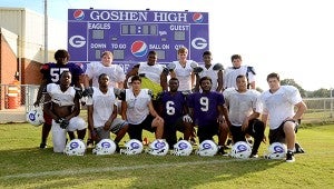 Above, Goshen seniors Damian Brundidge, Tyler Phillips, D’Errius Kite, Ty Witherington, Daniel Macias, Bryant Stephens, Terraninno Griffin, Elijah Smith, Austin Missildine, Decorius Dorsey, Craig Little, Jacques McMillian and Quay Simmons all have their eyes set on playoffs as they head into their final homecoming game with the Eagles against Central-Hayneville.  MESSENGER PHOTO/SCOTTIE BROWN