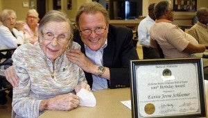Eunice Jevne Schloemer was inducted into the 2014 Alabama Senior Citizens Hall of Fame. Schloemer, a centenarian, is the mother of Dr. Richard Schloemer of Troy. MESSENGER PHOTO/JAINE TREADWELL