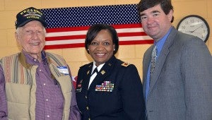 Troy Mayor Jason A. Reeves, right, and Col. (Retired) Billy Jackson of the Banks community welcomed Col. Teresa Townsend to Troy and expressed appreciation for her service to America. Townsend was the featured speaker at the Veterans Breakfast at the Colley Senior Complex Tuesday. MESSENGER PHOTO/JAINE TREADWELL