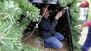 Joey Jones works on the Christmas tree on The Square. MESSENGER PHOTO/THOMAS GRANING