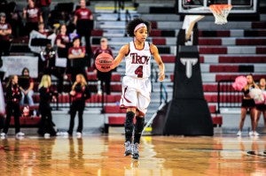 Joshua Thurston/Troy University Athletics All-Sun Belt Preseason first team junior guard Ashley Beverly-Kelley scored six points and added five assists in the Trojans’ 65-59 win over the Lady Rattlers Monday night. 