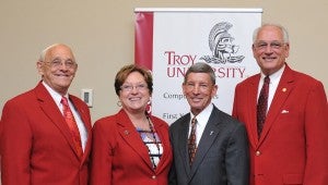 Troy University officials dedicated the John W. Schmidt Center for Student Success in Eldridge Hall on the Troy Campus on Saturday. From left to right are: Gerald Dial, President Pro-Tem of the TROY Board of Trustees; Trustee Karen Carter; Dr. John W. Schmidt, former Senior Vice Chancellor for Advancement and External Relations who retired at the end of July; and, Dr. Jack Hawkins, Jr., Chancellor.