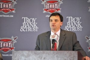 Neal Brown, who was introduced Monday as Troy’s next head coach, addressed trustees, media and fans. Brown also met with players at 7 a.m.  (Messenger Photo/Joey Meredith)