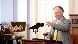 Above, Gov. Robert Bentley addresses his cabinet and staff during a new conference in Montgomery Wednesday, Jan. 14 where he highlighted administrative accomplishments. (AP PHOTO)