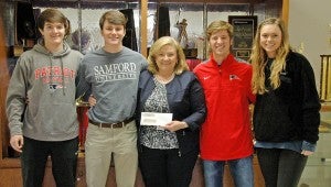 The PLAS SGA officers presented Children's of Alabama with a donation check. From left, Hayes Lee,  Jeffrey Saunders, Angie Sherrill, Adam Grice and Kailyn Barron.