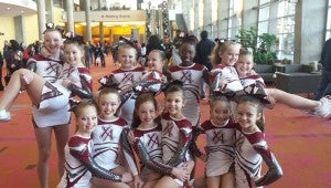 Four teams from Xtreme Athletics competed in the Cheersport Nationals competition last weeked in Atlanta against more than 1,200 teams from across the nation. Three of the four teams placed in the top three of their divisions. The Atlas Junior Level 3 team placed 11th. Pictured above is the Ares Youth Level 2 Team which placed second. Team members include, front row from left, Addi Garrott, Anna Kilcrease, Elly Stevens, Sydney Scott, Kenzie Beth Ray, Tate Gardner; back row, from left, Raegan Brown, Caroline Senn, Tanna Singleton, Sarah Braydon Garrott, Aerial Frazier, Hailee Sconyer and Kennedy Herring. 