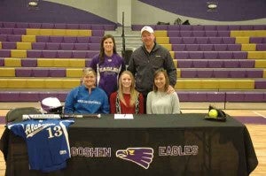 Messenger Photo/Sean Holohan Goshen’s Lizzy Galloway signed a scholarship to play softball for Alabama Southern Community College on Wednesday afternoon in the Goshen basketball gym in front of teammates, friends and family. Top, from left to right: Goshen softball coach Amy Warrick and Chris Galloway. Seated, from left to right: Alabama Southern softball coach Brooke Powell, Lizzy Galloway and Sonya Galloway. 