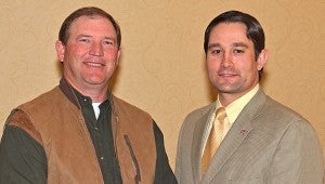 Billy Hixon of Pike County, left, was elected to serve on the Alabama Farmers Federation State Beef Committee Feb. 3 during the Federation’s Commodity Organization Conference in Montgomery. He is pictured with Federation Beef Division Director Nate Jaeger. 