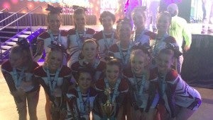 Xtreme Athletics’ Athena Senior Co-Ed Level 3 team placed second in their division at the Cheersport Nationals. Pictured are, front row, Alex Jackson, Laura Beth Horne, Anna Adams, Sloane Seaborn; second row, Rachel Dotson, Jaycee Dorriety, Hannah Aman: third row, Macy Morgan, Shellie Strickland, Thomas Smothers, Ashlyn Johnson, Christina LeCroy and Madison Gilmore. Not pictured are teammmembers Jordan Grice and Parish Adams.