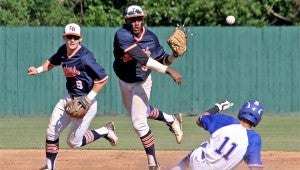 Photo/Dan Smith Nick Lewis and Reilly Fox (9) of CHHS turn a double play against St. Paul in Mobile Friday in the first game of the doubleheader.