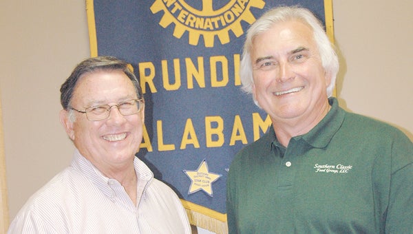 Chuck Caraway, owner of Southern Classic Food Group in Brundidge, right, was the guest of Rotarian Don Dickert at the Wednesday meeting of the Brundidge Rotary Club. MESSENGER PHOTO/JAINE TREADWELL