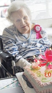 MESSENGER PHOTO/JAINE TREADWELL  Velma Folmar Hightower, a Goshen native, celebrated her 103rd birthday Wednesday. Her daughter, Charlotte Goeters of Houston, Texas., other family members and friends hosted a part in her honor at the nursing home in Luverne.