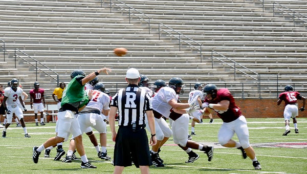 Photo/Mike hensley Troy’s first week of fall camp culminated Saturday moring with their first intrasquad scrimmage. Troy will have two more scrimmages during the camp with the first one occuring on Aug. 15 at 7:00 p.m. 
