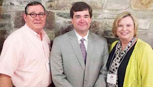 Troy Mayor Jason A. Reeves, center, was a member of the mayors’ panel at the 2015 Bill Bates Leadership Institute at Cheaha State Park. He is pictured with Al Head, executive director of the Alabama State Council on the Arts, and Vicki Pritchett, executive director of the Johnson Center for the Arts in Troy. MESSENGER PHOTO/JAINE TREADWELL