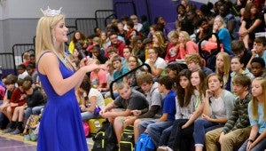 MESSENGER PHOTO/COURTNEY PATTERSON Miss Alabama Meg McGuffin spoke to GHS about her platform, “Healthy is the New Skinny,” Wednesday as part of the GEAR UP kick off this week. 