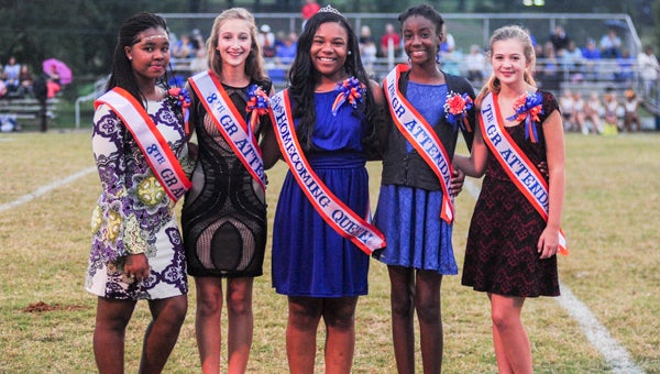 submitted PHOTO/joey meredith Pictured, from left, are eighth grade attendant Tamiya Green, eighth grade attendant Hannah Huner, queen Kaitlin Richardson, seventh grade attendant Kennedy William and seventy grade attendant Laney Kelley.