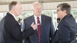 MESSENGER PHOTO/JAINE TREADWELL Gov. Robert Bentley, Sen. Jimmy Holley and Brundidge Mayor Jimmy Ramage discussed the importance of private/public partnerships to industrial growth.