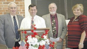 MESSENGER PHOTO/JAINE TREADWELL Bobby Templin, pastor of Collegedale Church of Christ in Troy, was the guest speaker at the Troy Exchange Club’s “One Nation Under God Prayer Breakfast” on Tuesday. Pictured from left, Dennis Griffith, club member and district president; Templin; Terry Hassett, club president; and Donna McLaney, club member and past president.