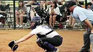 Submitted Photo Goshen Eagles senior Casey Allen catching in a game earlier this season. Allen acceopted to play softball at WSCC.
