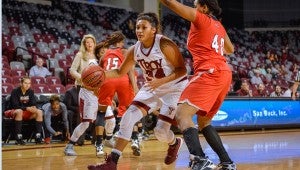 Photo/chris davis A suffocating defense helped the Lady Trojans gain a 104-51 win over the Nicholls colonels Tuesday night. The Trojans entered the game with the nation’s highest scoring offense averaging nearly 96 points per game. 