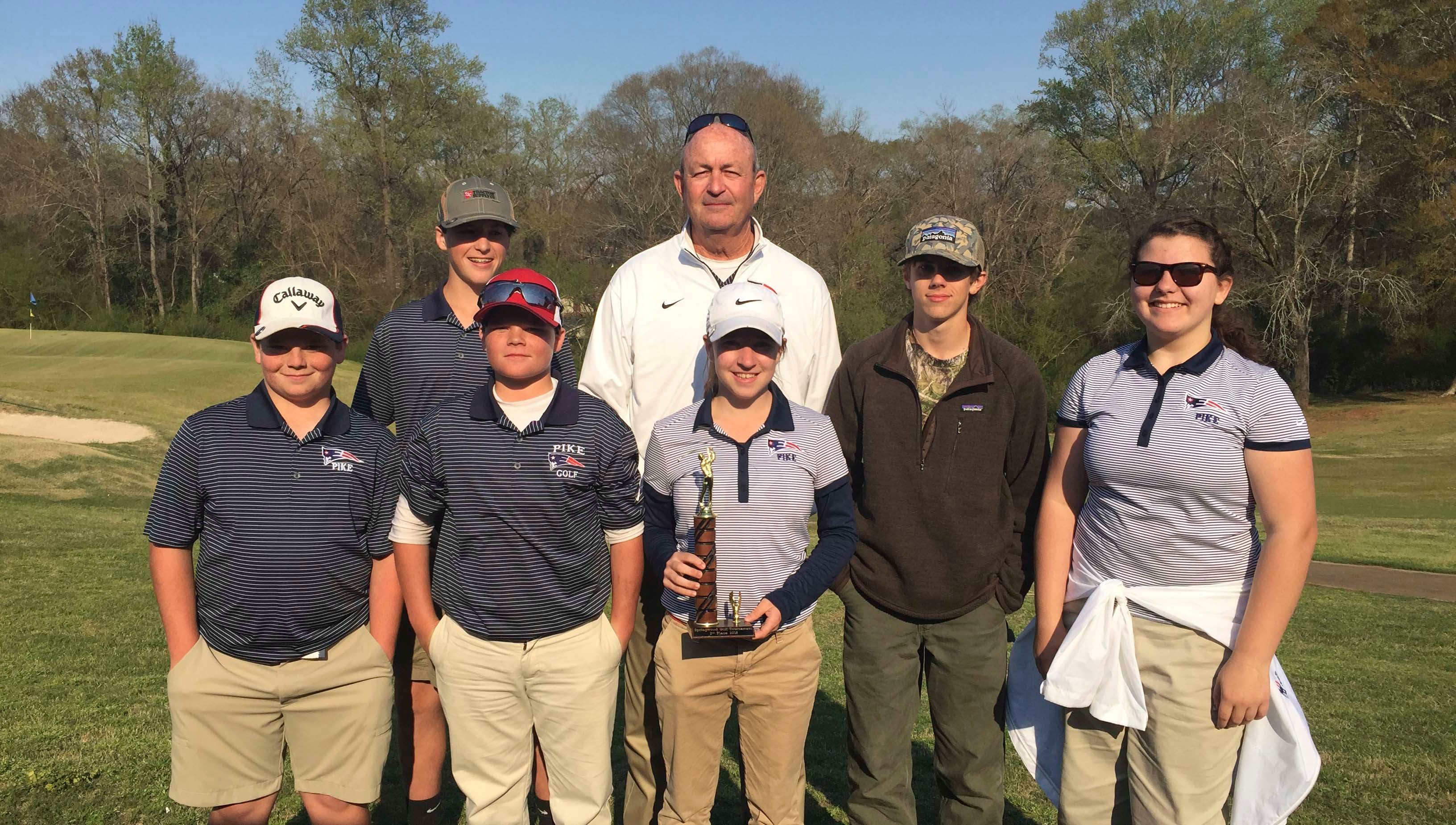 Messenger Photo/submitted photo The Pike Patriots golf team finished in second place in a match held at Point University Golf Center. Their 351 collective score qualifies the team for the state championship on April 25. Pictured above: Jace Calhoun, Christopher Farrar, Brax Barron, Coach Gene Allen, Susie Stell, Seth Arringon and Kacie Bell. Stell, Barron Calhoun and Farrar all qualified individually for the state.