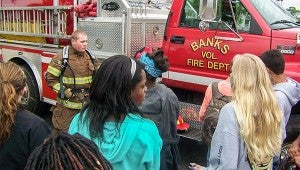 Messenger photo/submitted The Banks Volunteer Fire Department came out Friday to help students from Banks School celebrate at their Aspire Pep Rally. The Pike Country Sheriff’s Department and The Troy City Police Department helped students prepare for testing by giving students pencils and other goodies