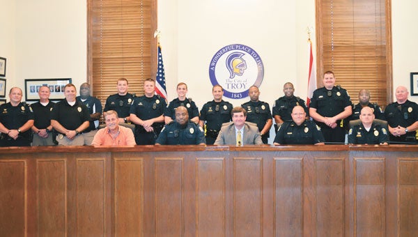 Members of the Troy Police Department were present for the signing of the proclamation declaring May 15 through May 21 Police Week in Troy. Troy Mayor Jason A. Reeves expressed personal appreciation to the officers for their dedication to the community and their commitment to serving others. Today, May 18 is Police Memorial Day in Troy. Ceremonies will be held at 10 a.m. at the Troy Police Department Memorial and immediately following at Bicentennial Park.