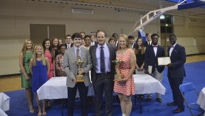 Photo/mike hensley Hayes Lee and Laken Maulden were given the J.O. “Tip” Colley Award during a ceremony on Monday night at the Troy Recreation Center. Both winners were awarded with $1,500 scholarships.  