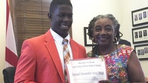 MEssenger photo/STacy Graning Troy City Councilwoman Dejerilyn King Henderson recognized Alex Bland, a 2016 graduate of Charles Henderson High School, during a recent city council meeting. Bland, who was president of the senior class and a two-sport athlete, was recognized for his leadership activities. He plans to attend the University of Alabama. 