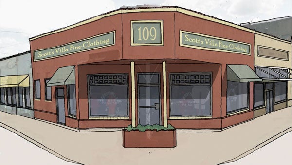Right: More concept art by KPS shows possible improvements to the facade of the building housing Scott’s Villa Fine Clothing on the corner of Elm Street and Market Street.