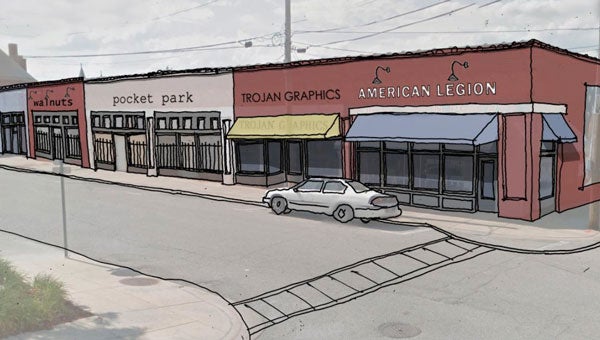 Top: Concept art created by KPS Group shows what an how the facade of a building on Walnut Street could be improved. The concept art shows what the outside of a proposed pocket park and cafe might look like as well. 