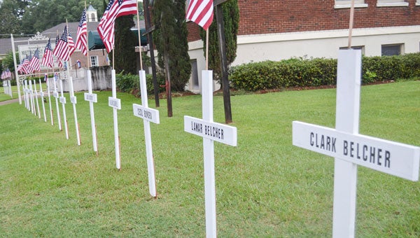 The patriotic display on the front lawn of Brundidge Methodist Church paid individual tribute to deceased church members who served their country in the military. Twenty-nine deceased church veterans were honored with crosses and with flags which also honored all veterans and America.