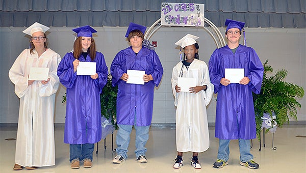 Pike County High school’s ninth grade students participated in Gear Up Alabama’s kick-off event Monday at the school auditorium. Students had an opportunity to dawn caps and gowns, walk across the stage and recieve a bogus diploma. The event was a dress rehearsal for the real event in 2020. Pictured are Autumn Bassett, Camerion Bolden, Raeleigh Baty, Trevero Benton, and Jamizah Berry. 