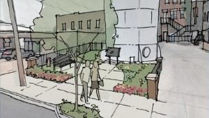 Concept art shows what a "parklet" might look like at the base of the historic Troy water tower.