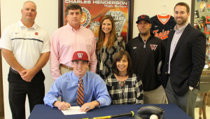 Photo/dan smith Senior catcher Jackson Murphy of Charles Henderson High School signed a scholarship to play baseball at George C. Wallace of Dothan Tuesday. Joining Jackson are his mom Elaine, seated to his right, and standing, left to right: CHHS Head Baseball Coach Josey Shannon, Jackson’s father Mike Murphy, Jackson’s sister Kristen Lakeman, Wallace Assistant Coach Phillip Hurst and CHHS Principal Brock Kelley.