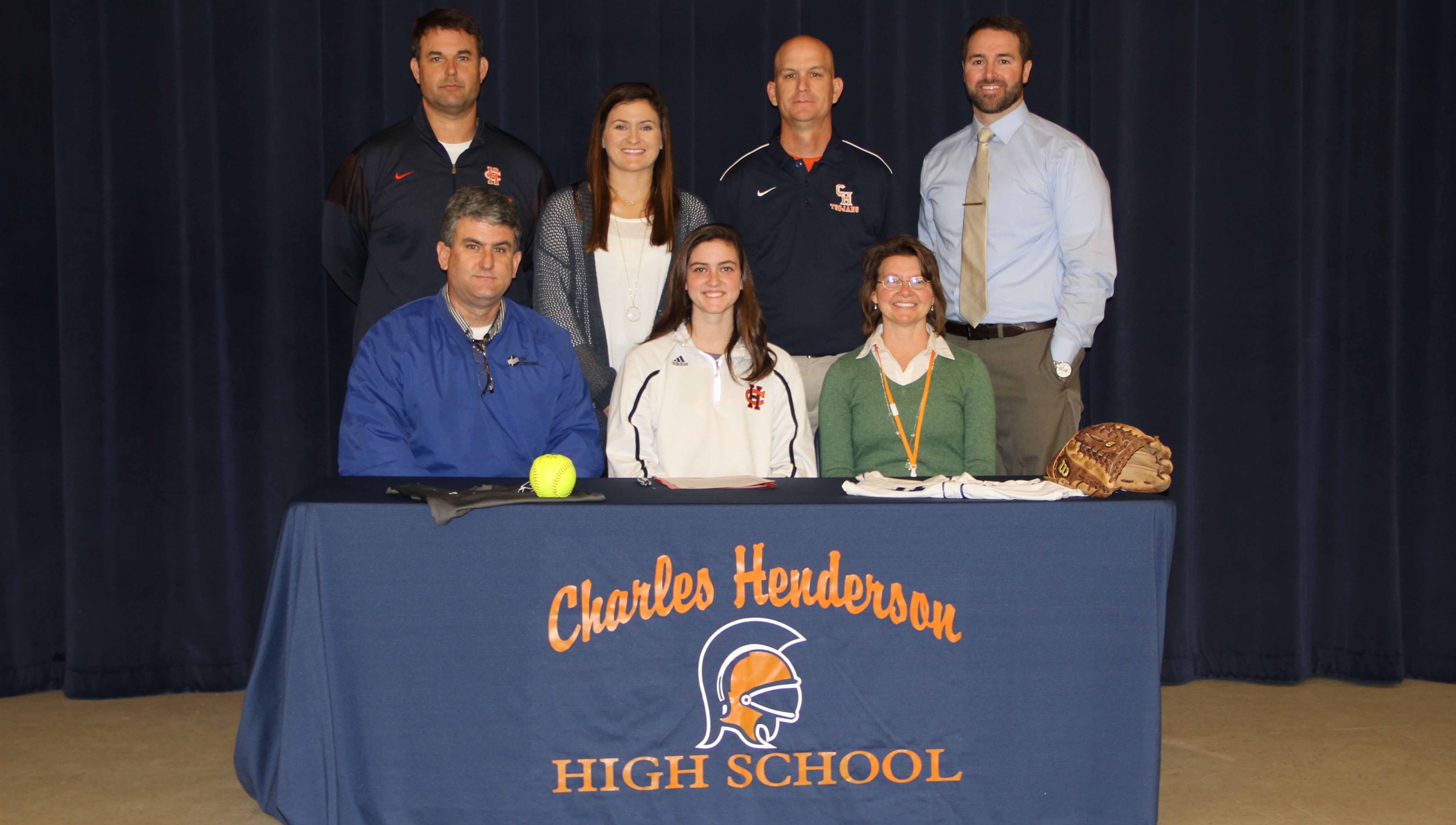 Photo/Dan Smith Charles Henderson sotball player Lindsey Fox signed with LBW-Andalusia on Thursday morning. Pictured front row, left to right: Mr. Gary Fox, Lindsey Fox and Sheree Fox. Second row, CHHS Athletic Director Brad McCoy, LBW Head Softball Coach Tiffany Taylor, CHHS Head Softball Coach Robin Snyder and CHHS Principal Brock Kelly. 