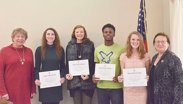 Pictured are, from left, Mae Beth Gibson, Good Citizen chair; Lauren Johnson, Pike Liberal Arts; Addyson Bryan, Charles Henderson High School; Anthony Glover, Jr., Pike County High School; Sage Outlaw, Goshen High School, and Jean Laliberte, chapter president.