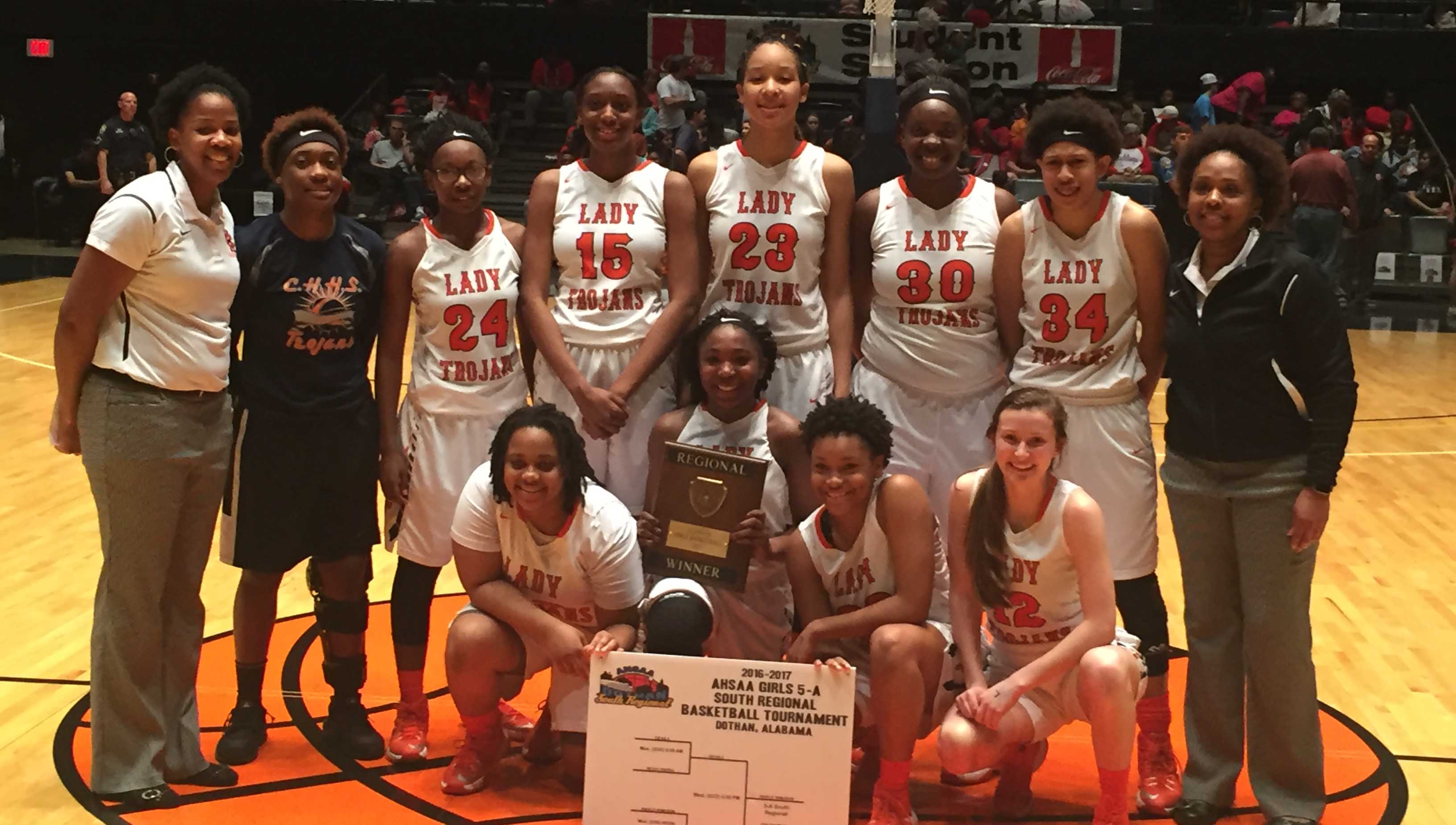Photo/mike hensley The Charles Henderson Lady Trojans scored in the final seconds on Wednesday to secure the Class 5A South Region Championship against rival Eufaula. The Trojans will now get set to head to Birmingham for the state semi finals next Wednesday. 